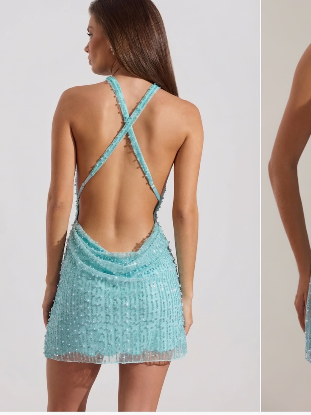 Oh Polly Aqua Blue Beaded Cowl Mini Dress - Picture 2 of 6